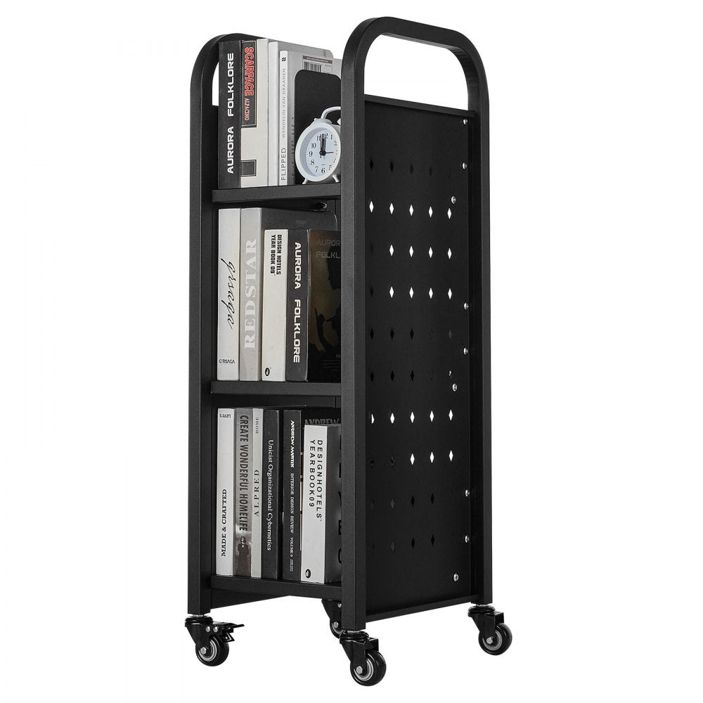 VEVOR Rolling Library Book Cart, 220 lbs Capacity, 12.6 x 13.8 x 36.8-Inch Library Cart, Single Sided L-Shaped Shelves with 2-Inch Lockable Wheels, Book Truck for Home Shelves Office and School, Black
