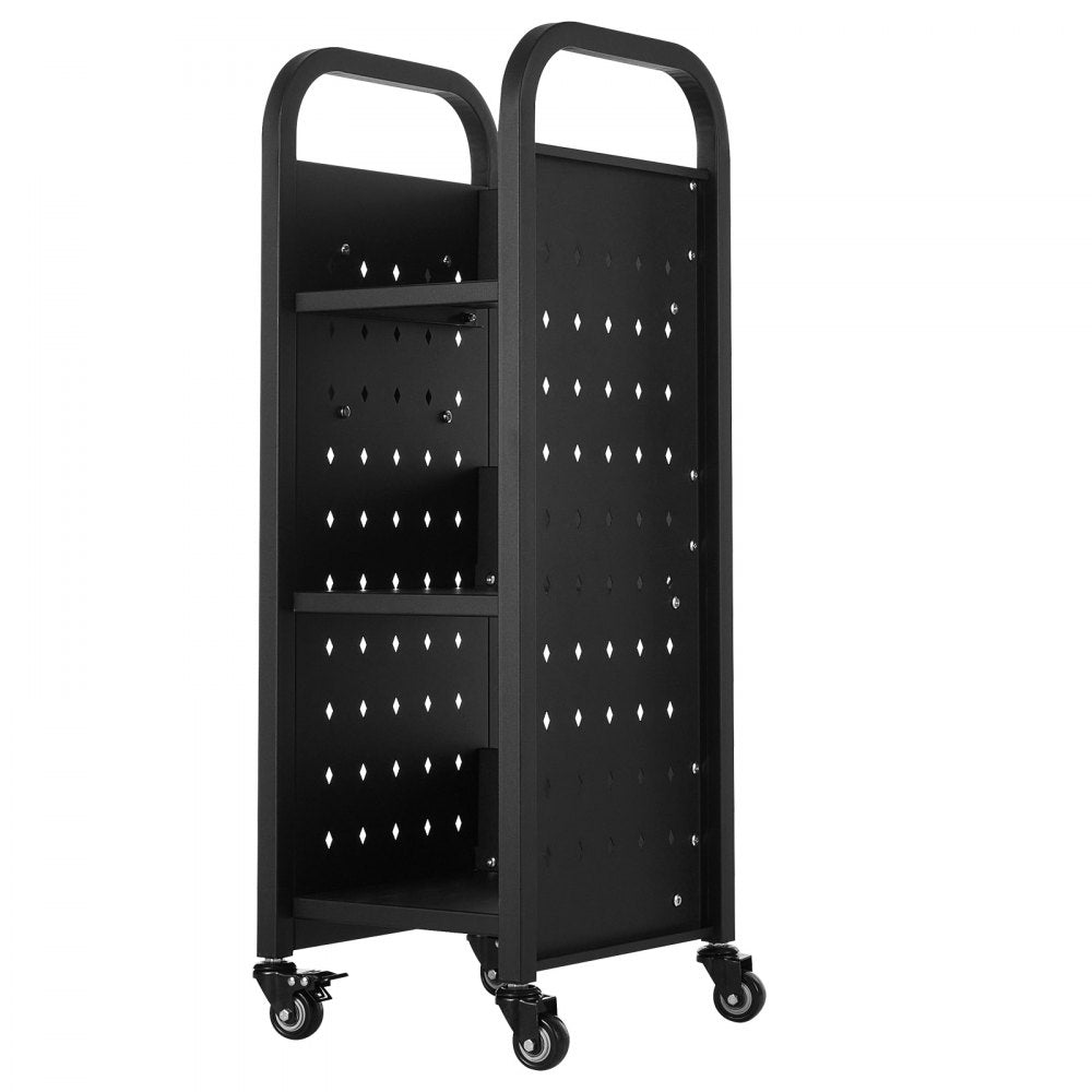 VEVOR Rolling Library Book Cart, 220 lbs Capacity, 12.6 x 13.8 x 36.8-Inch Library Cart, Single Sided L-Shaped Shelves with 2-Inch Lockable Wheels, Book Truck for Home Shelves Office and School, Black