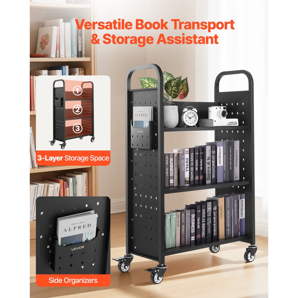 VEVOR Rolling Library Book Cart, 330 lbs Capacity, 30.3 x 15 x 48.0-Inch Library Cart, Single Sided L-Shaped Shelves with 3-Inch Lockable Wheels, Book Truck for Home Shelves Office and School, Black