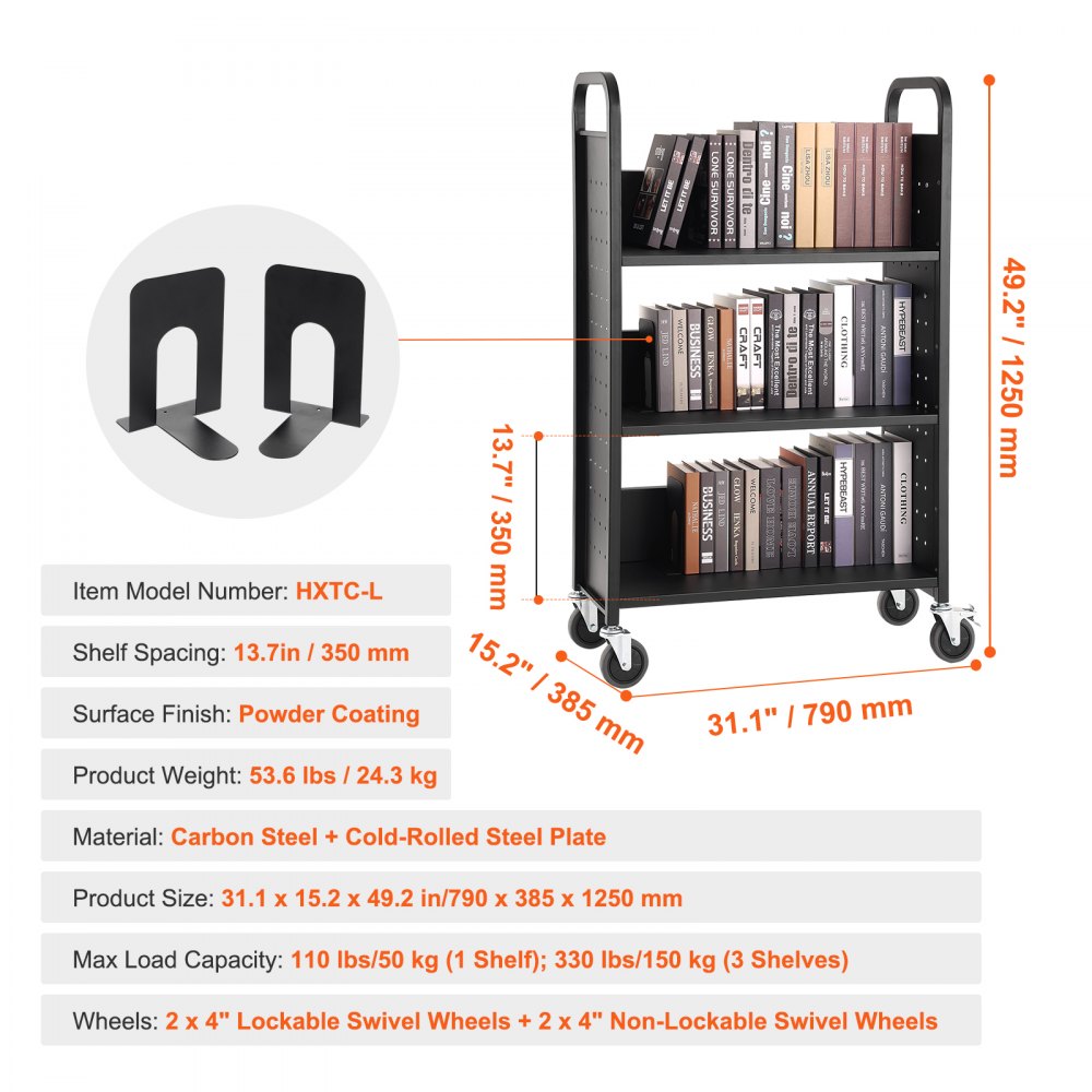 VEVOR Book Cart, 330 lbs Library Cart, 31.1" x 15.2" x 49.2" Rolling Book Cart, Single Sided L-Shaped Flat Shelves with 4-Inch Lockable Wheels for Home Shelves Office and School, Book Truck in Black