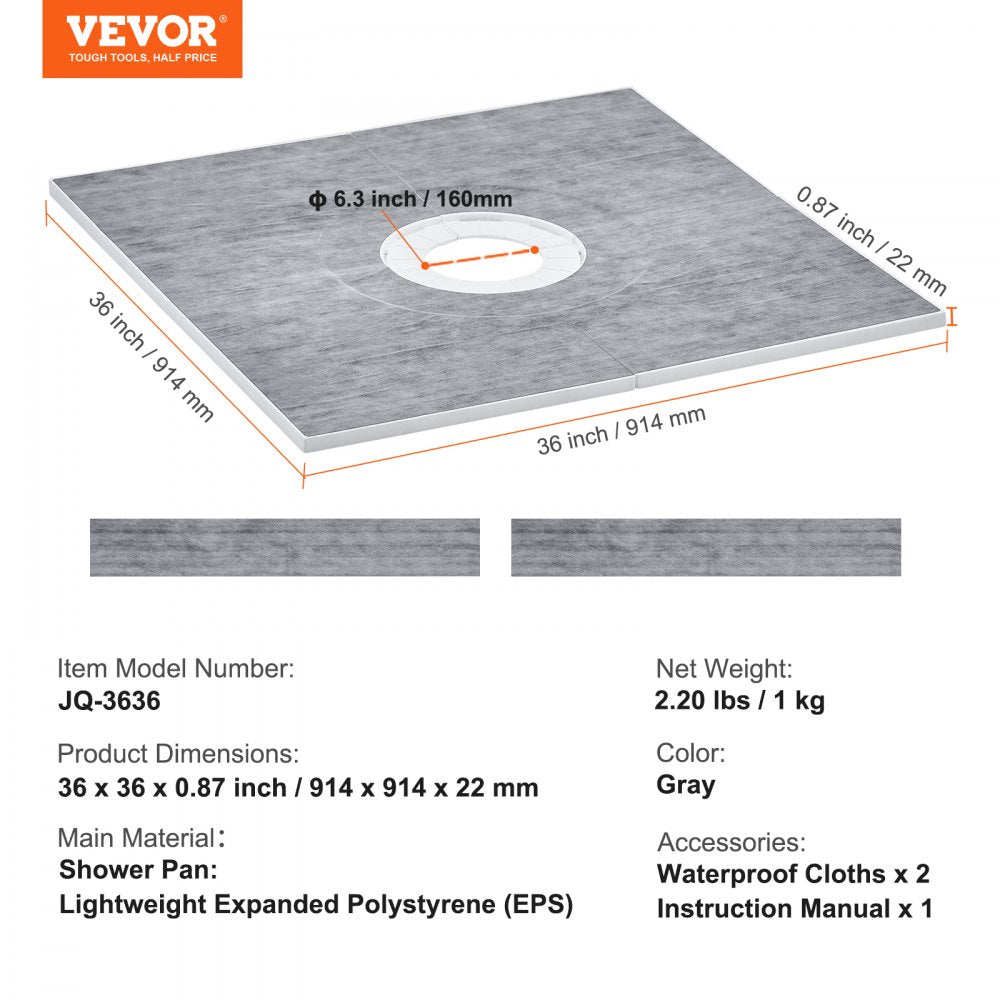 VEVOR Shower Curb Kit, 36"x36" Shower Pan Kit with 6.3" Central Drain, Lightweight EPS Shower Installation Kits with 2 Waterproof Cloths, Shower Pan Slope Sticks Fit for Bathroom