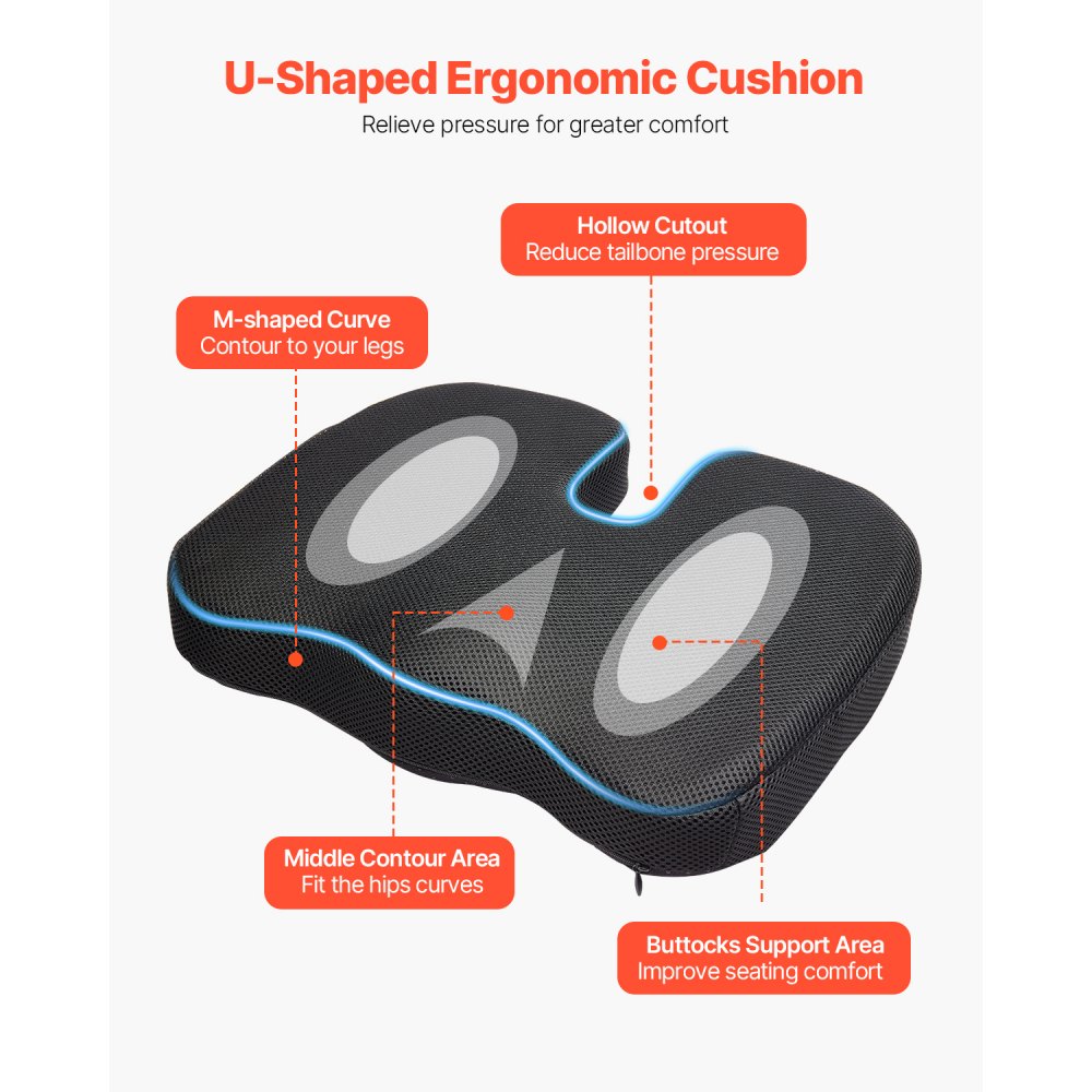 VEVOR Seat Cushion, Memory Foam Seat Chair Cushion for Pressure Relief, Soft & Breathable Wheelchair Seat Pad with Removable Cover for Travel, Office, Car, Airplane - Lightweight and Portable