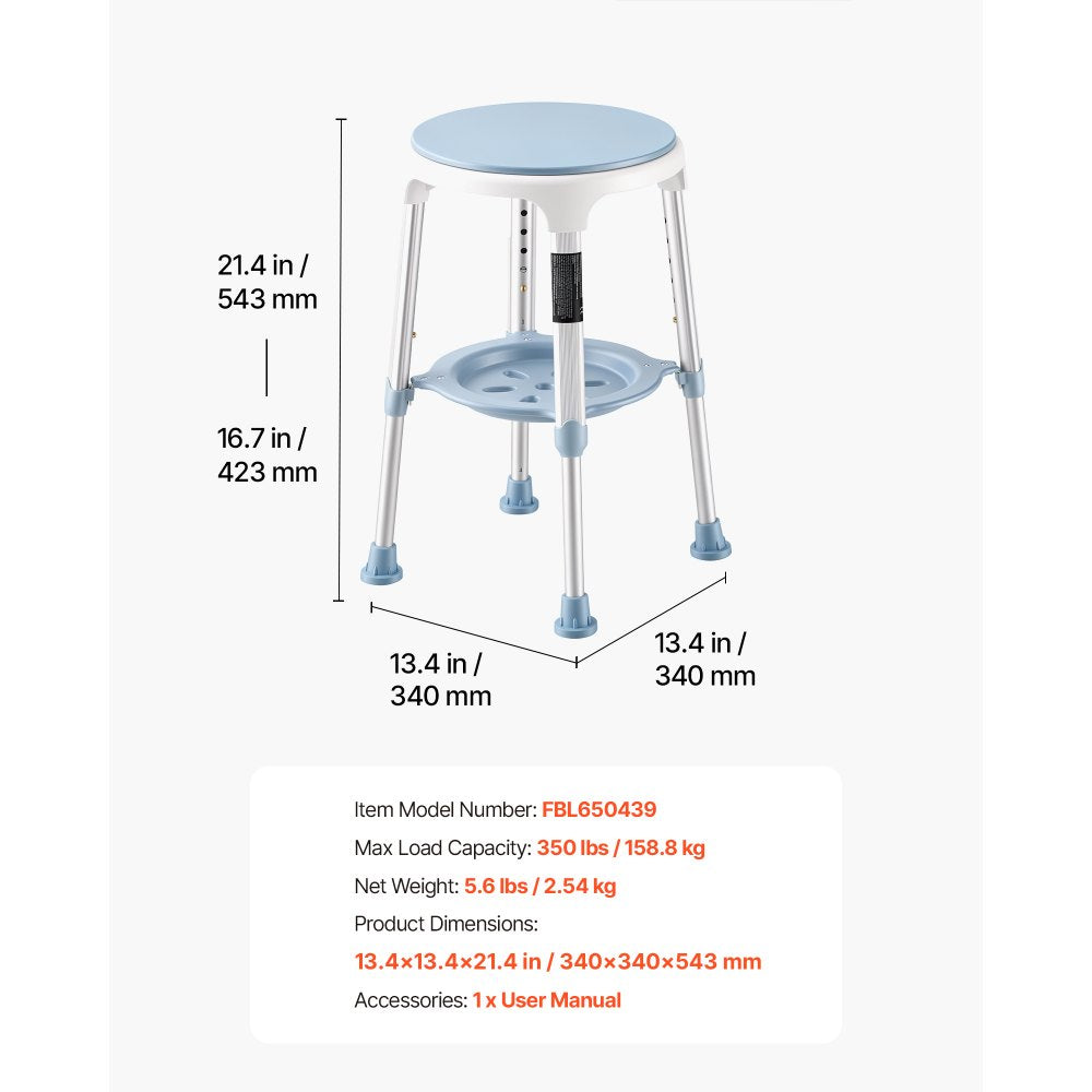 VEVOR Swivel Shower Chair 360 Degree, Height Adjustable Bath Seat for Inside Showers or Tubs, Non-Slip Rotating Bathtub Stool with Storage Tray for Elderly Disabled Injured, 350LBS Capacity
