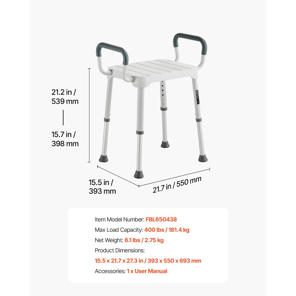 VEVOR Shower Chair with Armrest, 6-Level Height Adjustable Bath Seat for Inside Shower or Tubs, Non-Slip Bathroom Bathtub Chair for Elderly Disabled Injured, 400LBS Capacity