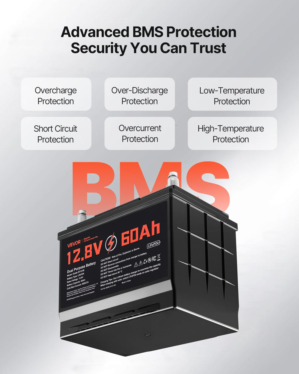 Advanced BMS protection (overcharge, over-discharge, short circuit, overcurrent, temperature protections)