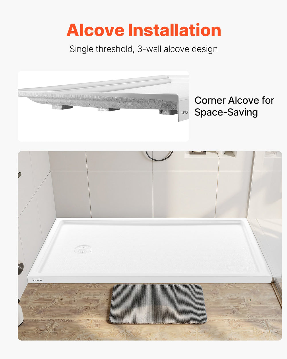 VEVOR Shower Pan - alcove installation, single threshold, 3-wall design