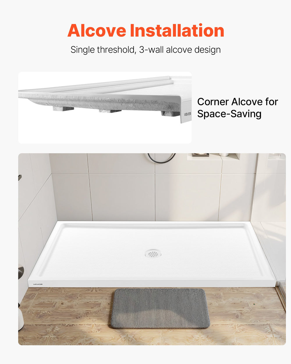 VEVOR alcove installation illustration for single threshold 3-wall design