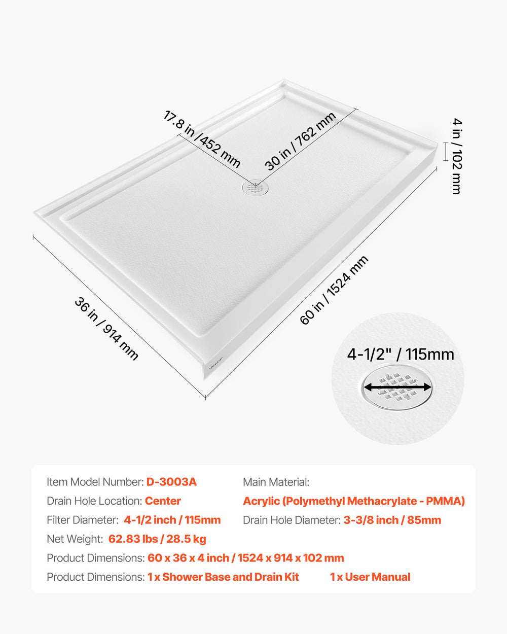 VEVOR shower base dimension and spec graphic showing model D-3003A and drain measurements