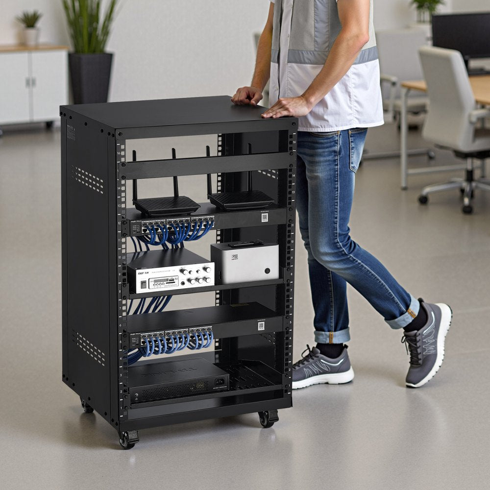 VEVOR 16U AV Rack, 200 lbs Max Capacity, Home Recording Studio Rack with Lockable Caster Wheels, Open Frame Server Cabinet, Special Vent Design, for 19-Inch Audio Video Musical & IT Equipment Mounting