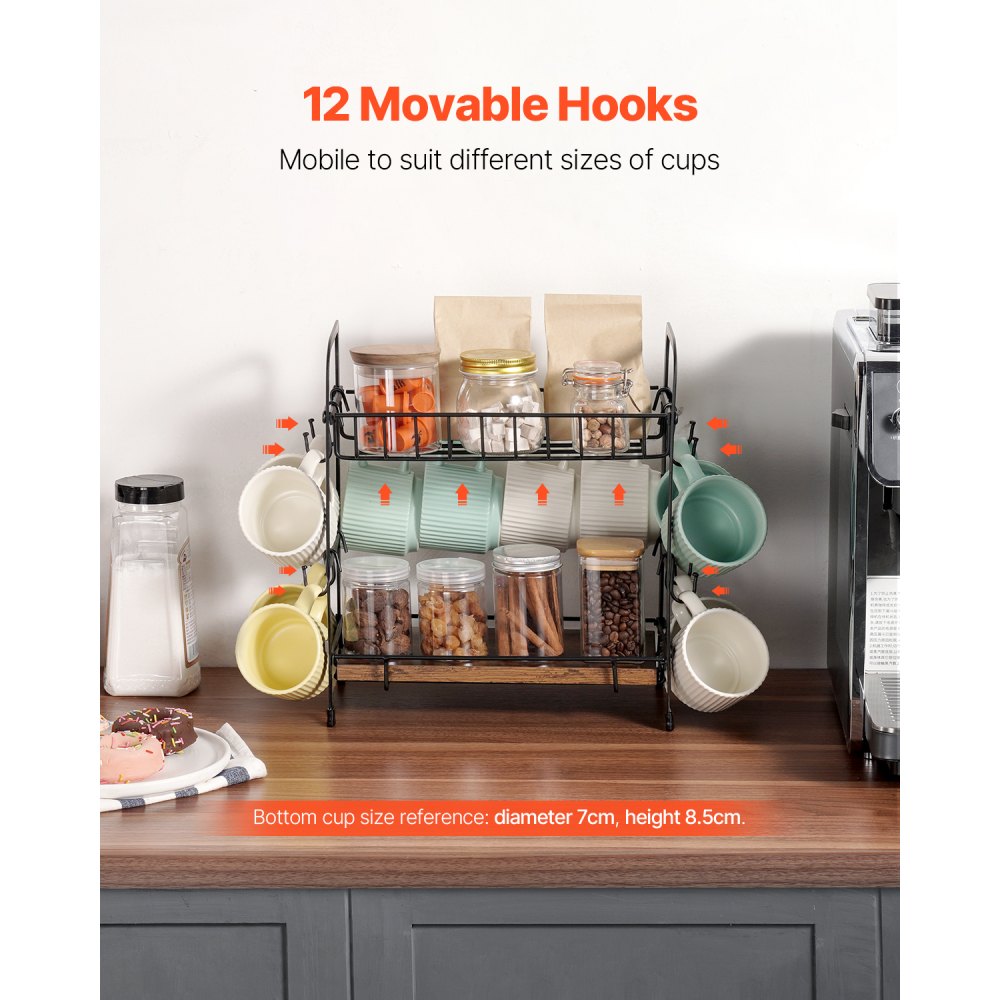 VEVOR 2 Tier Coffee Bar Organizer for Countertop, Multifunctional Mug Holder and Coffee Station, 12 Movable Hooks and 2 Shelves for Coffee Accessories Storage and Display, Home Office (Matte Black)