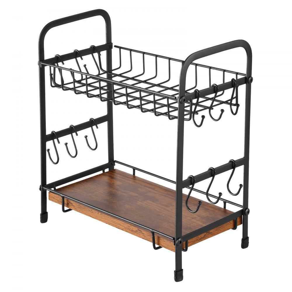 VEVOR 2 Tier Coffee Bar Organizer for Countertop, Multifunctional Mug Holder and Coffee Station, 12 Movable Hooks and 2 Shelves for Coffee Accessories Storage and Display, Home Office (Matte Black)
