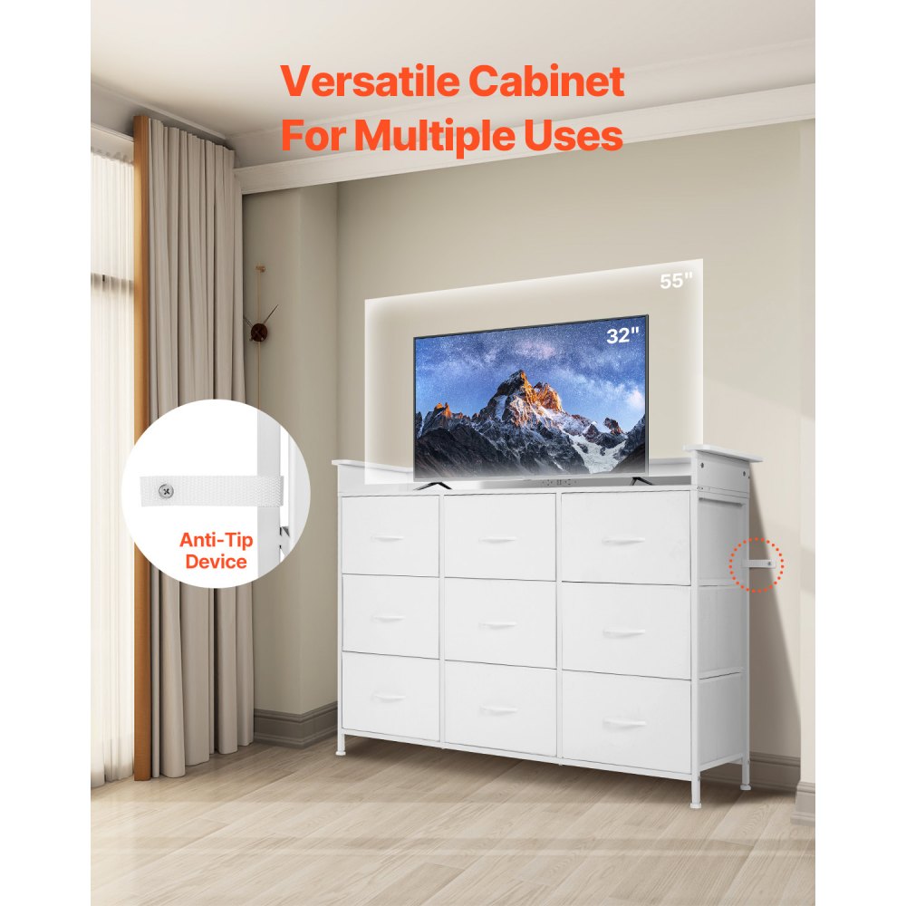 VEVOR 9 Drawer Dresser, Fabric Drawer Dresser with Fabric Bin, Storage Drawers with Sturdy Metal Frame, LED Lights & Built-in Outlet, Fabric Storage Tower for Bedroom, Hallway, White