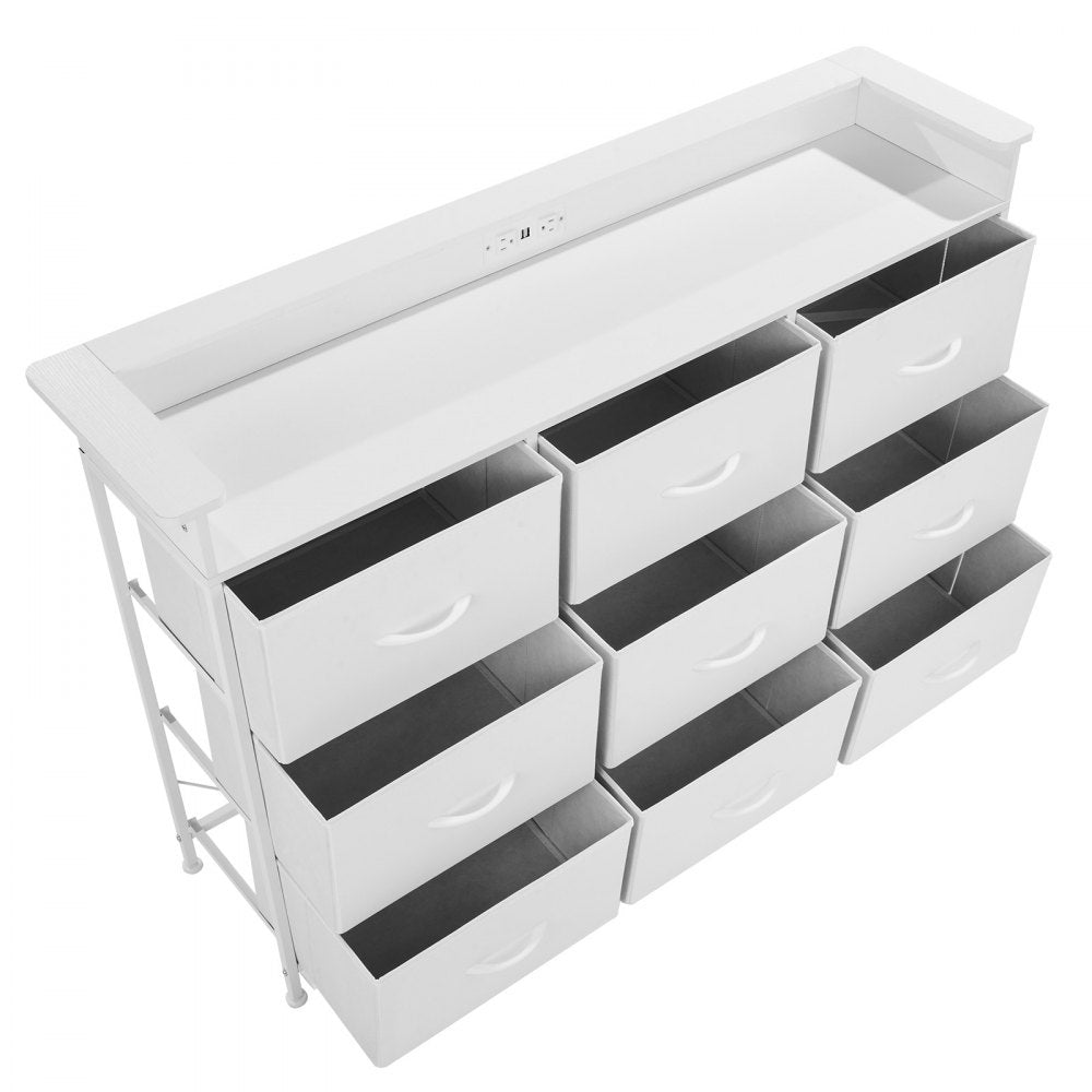 VEVOR 9 Drawer Dresser, Fabric Drawer Dresser with Fabric Bin, Storage Drawers with Sturdy Metal Frame, LED Lights & Built-in Outlet, Fabric Storage Tower for Bedroom, Hallway, White