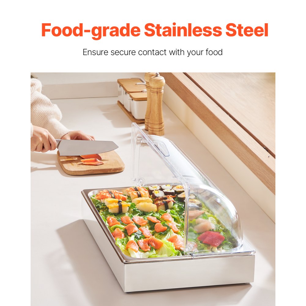 VEVOR Countertop Food Serving Display Container, 1 x 1 Pan Stainless Steel Food Serving Tray, Buffet Condiment Dispenser Display Rack with Clear Lid & 3 Ice Trays, for Restaurant Hotel Kitchen Party