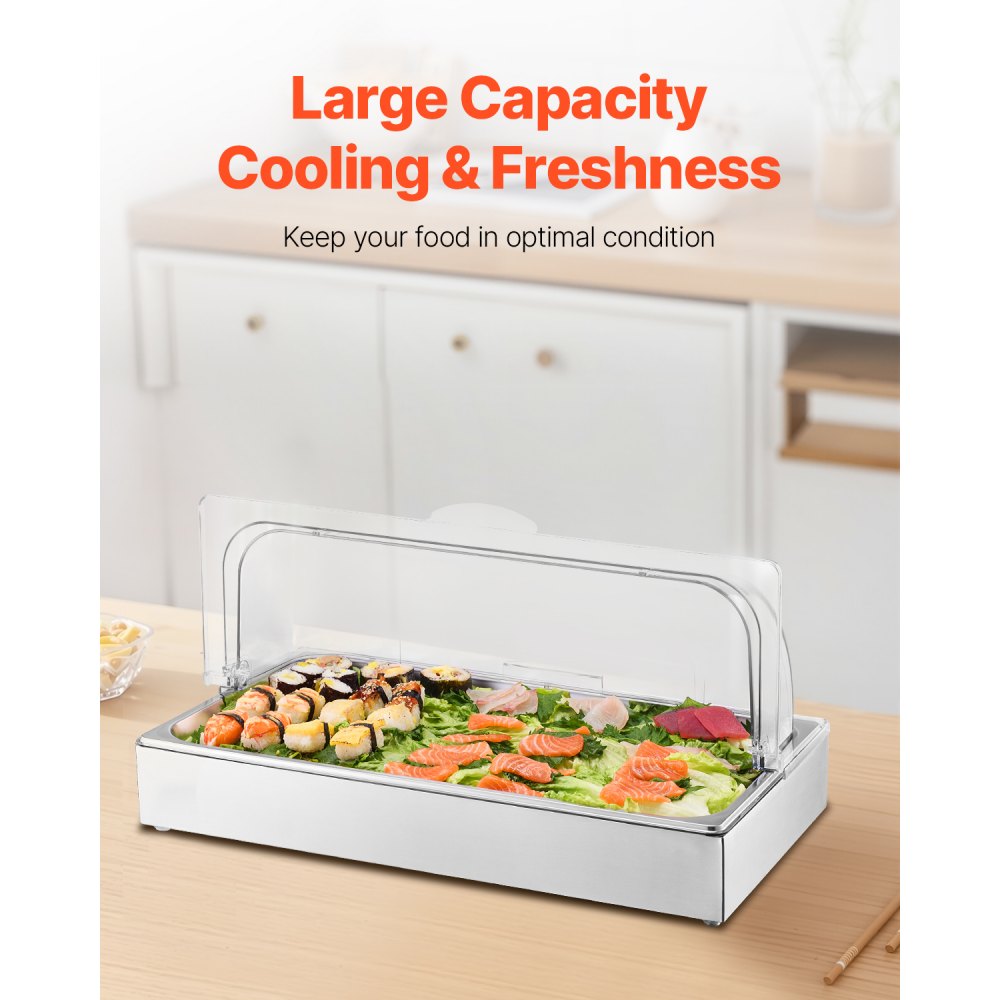 VEVOR Countertop Food Serving Display Container, 1 x 1 Pan Stainless Steel Food Serving Tray, Buffet Condiment Dispenser Display Rack with Clear Lid & 3 Ice Trays, for Restaurant Hotel Kitchen Party