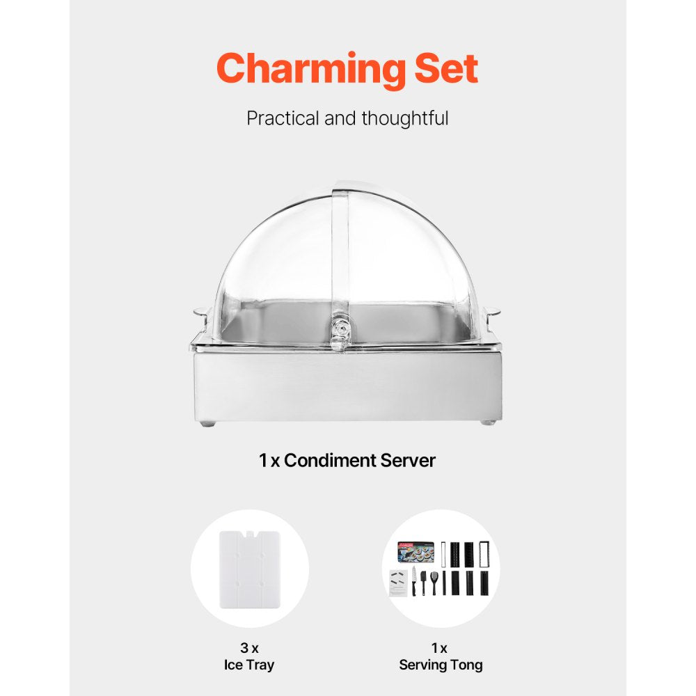 VEVOR Countertop Food Serving Display Container, 1 x 1 Pan Stainless Steel Food Serving Tray, Buffet Condiment Dispenser Display Rack with Clear Lid & 3 Ice Trays, for Restaurant Hotel Kitchen Party