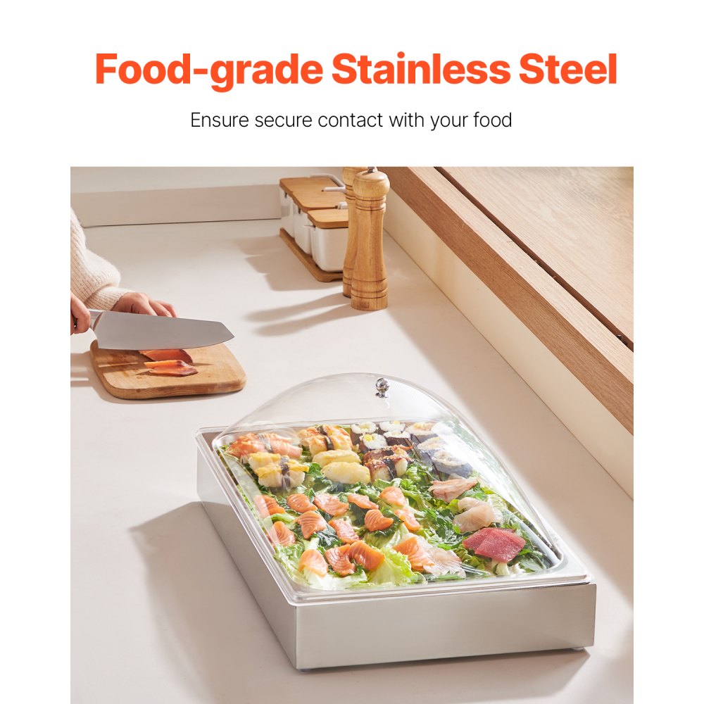 VEVOR Countertop Food Serving Display Container, 1 x 1 Pan Stainless Steel Food Serving Tray, Buffet Condiment Dispenser Display Rack with Clear Arc Lid & 3 Ice Trays, for Restaurant, Hotel, Party