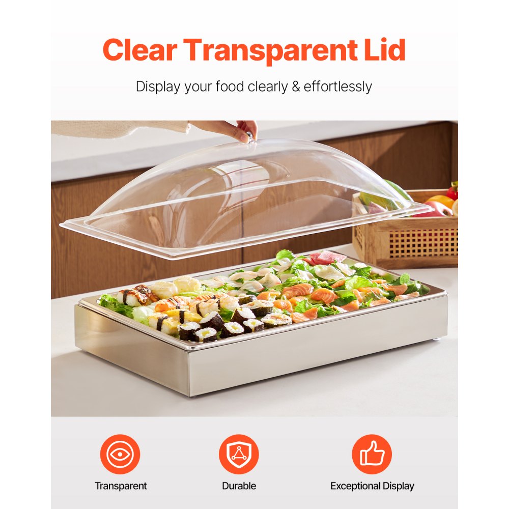 VEVOR Countertop Food Serving Display Container, 1 x 1 Pan Stainless Steel Food Serving Tray, Buffet Condiment Dispenser Display Rack with Clear Arc Lid & 3 Ice Trays, for Restaurant, Hotel, Party