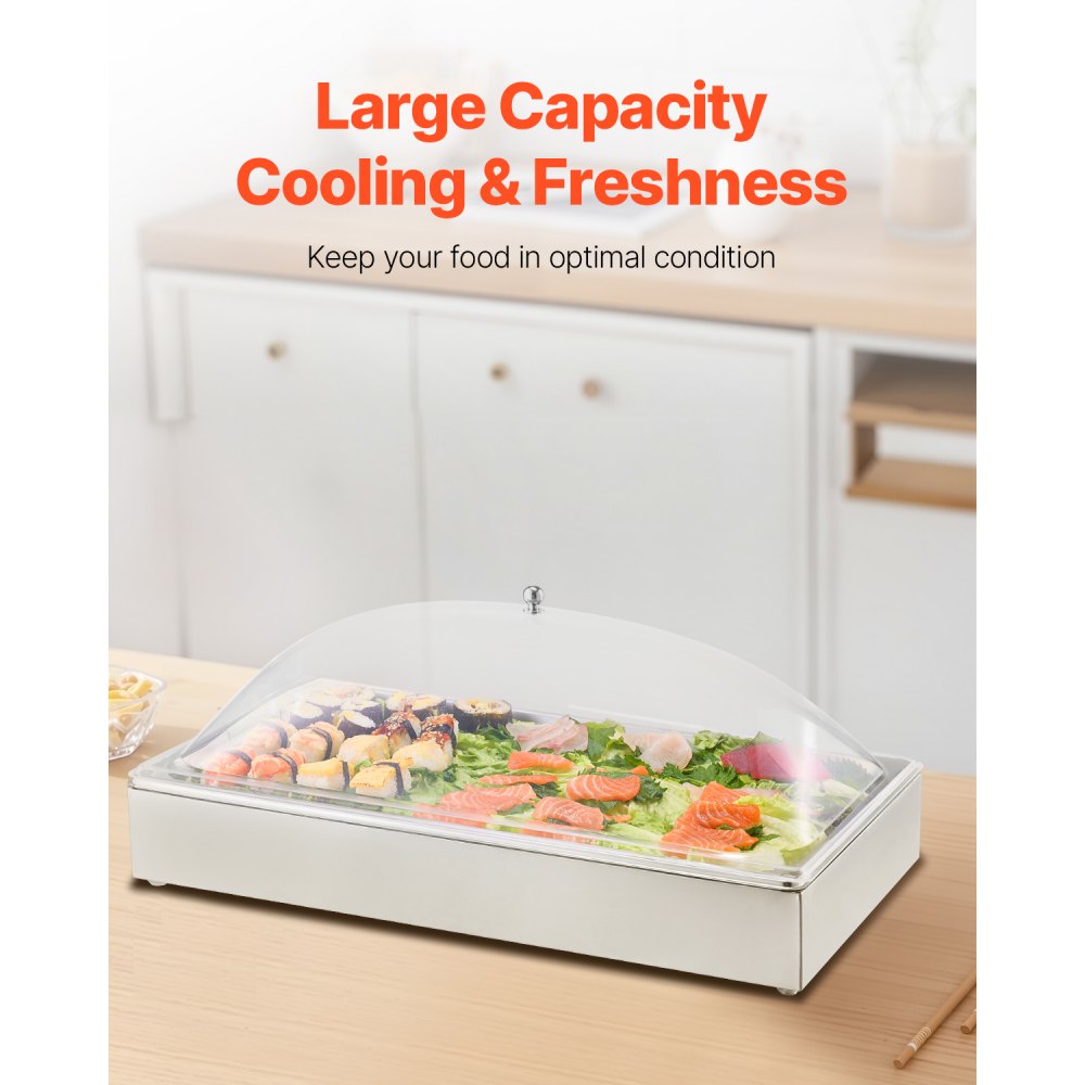 VEVOR Countertop Food Serving Display Container, 1 x 1 Pan Stainless Steel Food Serving Tray, Buffet Condiment Dispenser Display Rack with Clear Arc Lid & 3 Ice Trays, for Restaurant, Hotel, Party