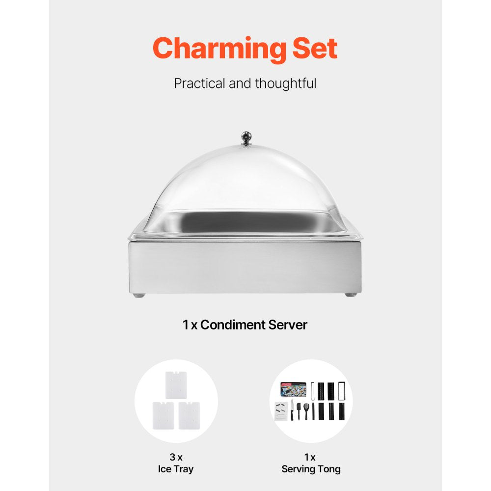VEVOR Countertop Food Serving Display Container, 1 x 1 Pan Stainless Steel Food Serving Tray, Buffet Condiment Dispenser Display Rack with Clear Arc Lid & 3 Ice Trays, for Restaurant, Hotel, Party