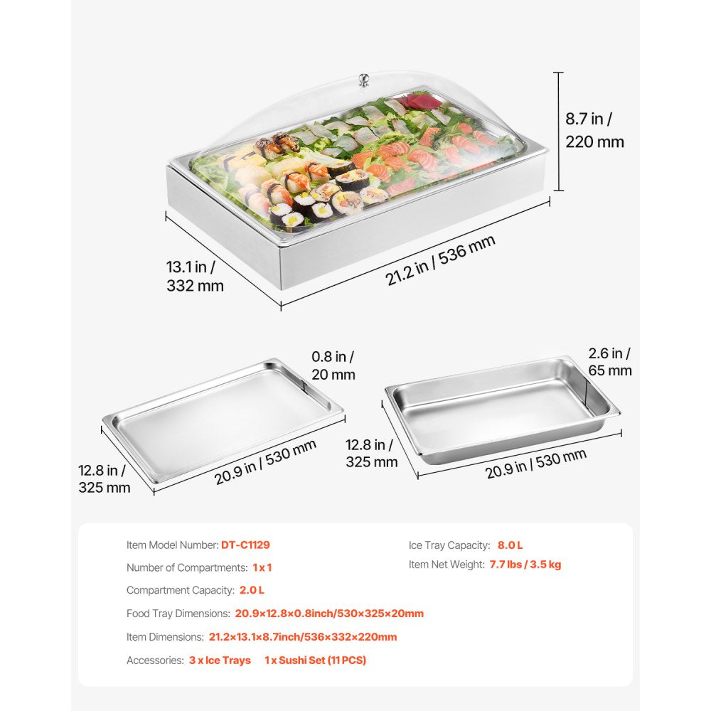 VEVOR Countertop Food Serving Display Container, 1 x 1 Pan Stainless Steel Food Serving Tray, Buffet Condiment Dispenser Display Rack with Clear Arc Lid & 3 Ice Trays, for Restaurant, Hotel, Party