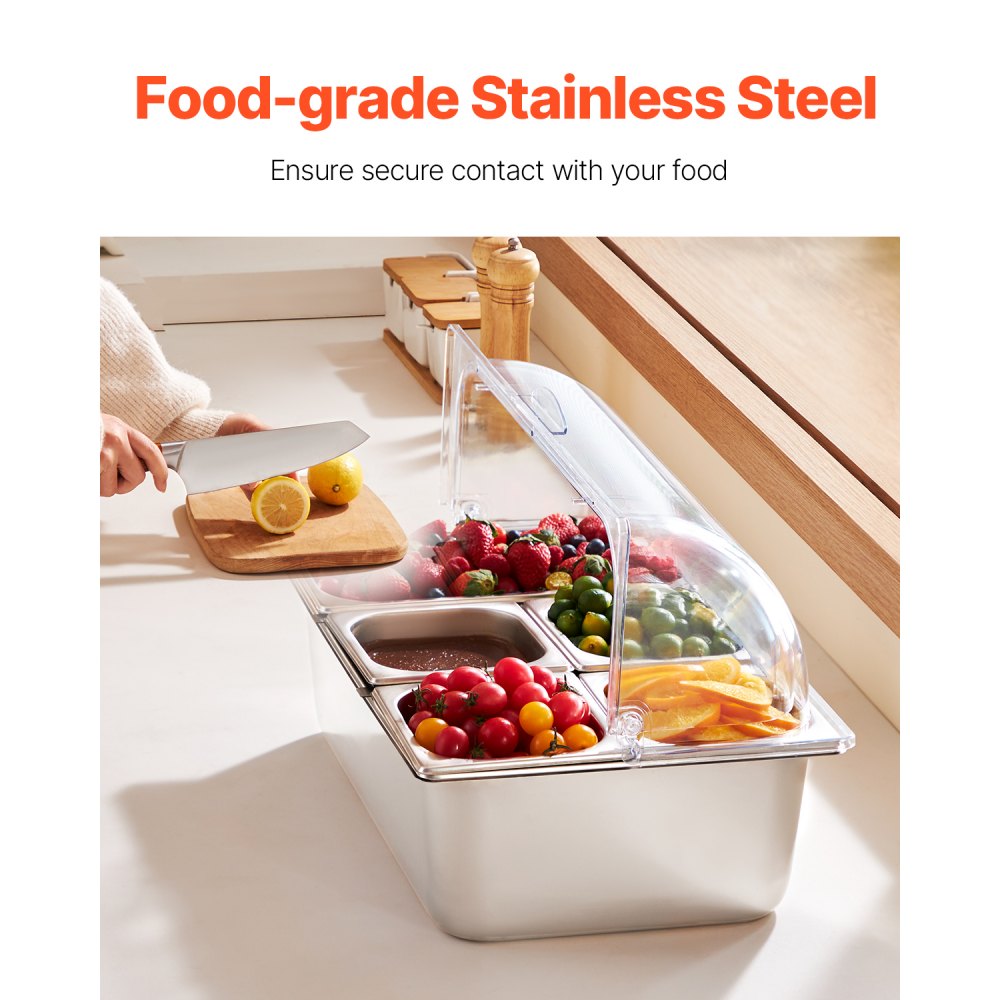 VEVOR Countertop Food Serving Display Container, 5 Pan Stainless Steel Food Serving Tray, Buffet Condiment Dispenser Display Rack with Clear Lid & 3 Freezer Boxes, for Restaurant Hotel Kitchen Party