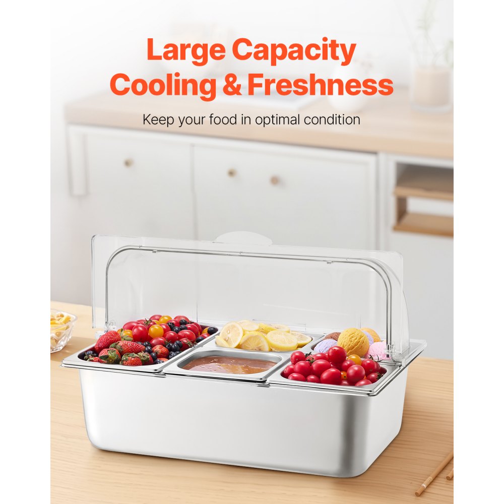 VEVOR Countertop Food Serving Display Container, 5 Pan Stainless Steel Food Serving Tray, Buffet Condiment Dispenser Display Rack with Clear Lid & 3 Freezer Boxes, for Restaurant Hotel Kitchen Party