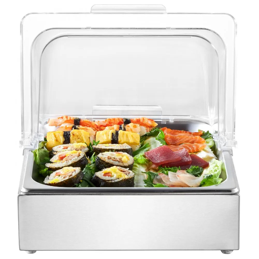 VEVOR Countertop Food Serving Display Container, 1 x 1/2 Pan Stainless Steel Food Serving Tray, Buffet Condiment Dispenser Display Rack with Clear Lid & Ice Tray, for Restaurant Hotel Kitchen Party