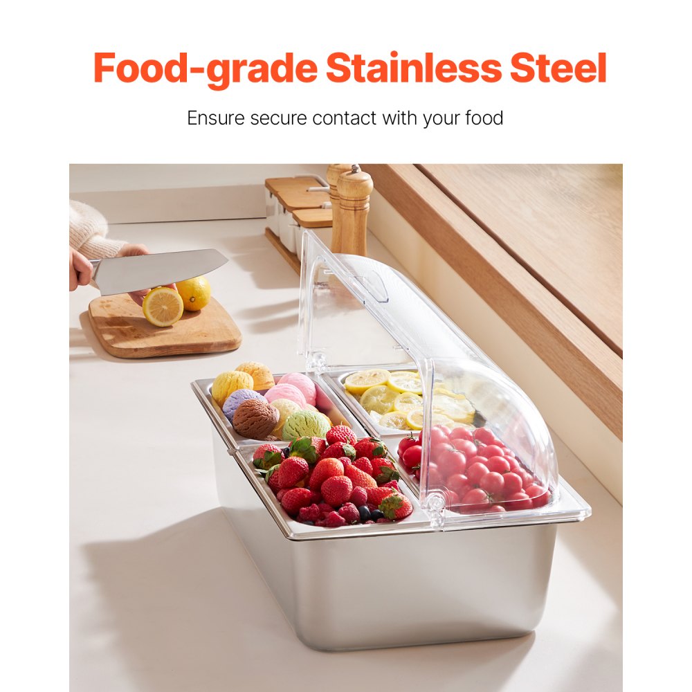 VEVOR Countertop Food Serving Display Container, 4 Pan Stainless Steel Food Serving Tray, Buffet Condiment Dispenser Display Rack with Clear Lid & 3 Freezer Boxes, for Restaurant Hotel Kitchen Party