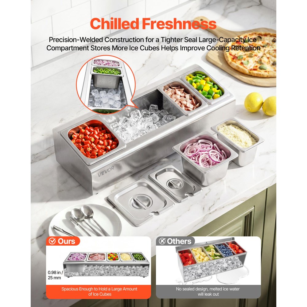VEVOR Countertop Food Serving Display Container, Stainless Steel Food Salad Server Tray, Buffet Condiment Dispenser, Ice Cooled Rack with Separate Lid, for Restaurant Hotel Kitchen (2x1/6+3x1/9 Pan)