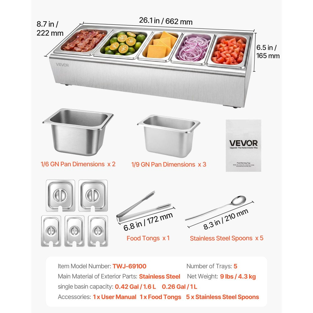 VEVOR Countertop Food Serving Display Container, Stainless Steel Food Salad Server Tray, Buffet Condiment Dispenser, Ice Cooled Rack with Separate Lid, for Restaurant Hotel Kitchen (2x1/6+3x1/9 Pan)