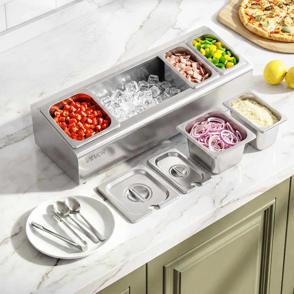 VEVOR Countertop Food Serving Display Container, Stainless Steel Food Salad Server Tray, Buffet Condiment Dispenser, Ice Cooled Rack with Separate Lid, for Restaurant Hotel Kitchen (2x1/6+3x1/9 Pan)