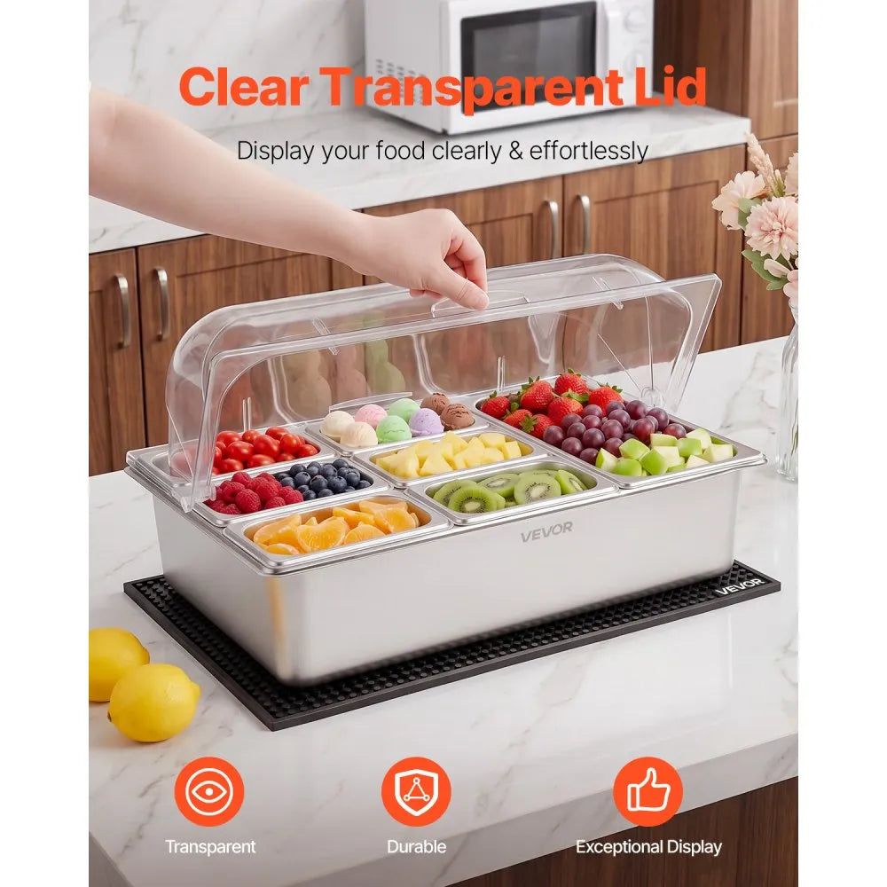 VEVOR Countertop Food Serving Display Container, Stainless Steel Food Salad Server Tray, Buffet Condiment Dispenser, Ice Cooled Rack with Clear Roll Top Cover, for Restaurant Hotel (1x1/3+6x1/9 Pan)