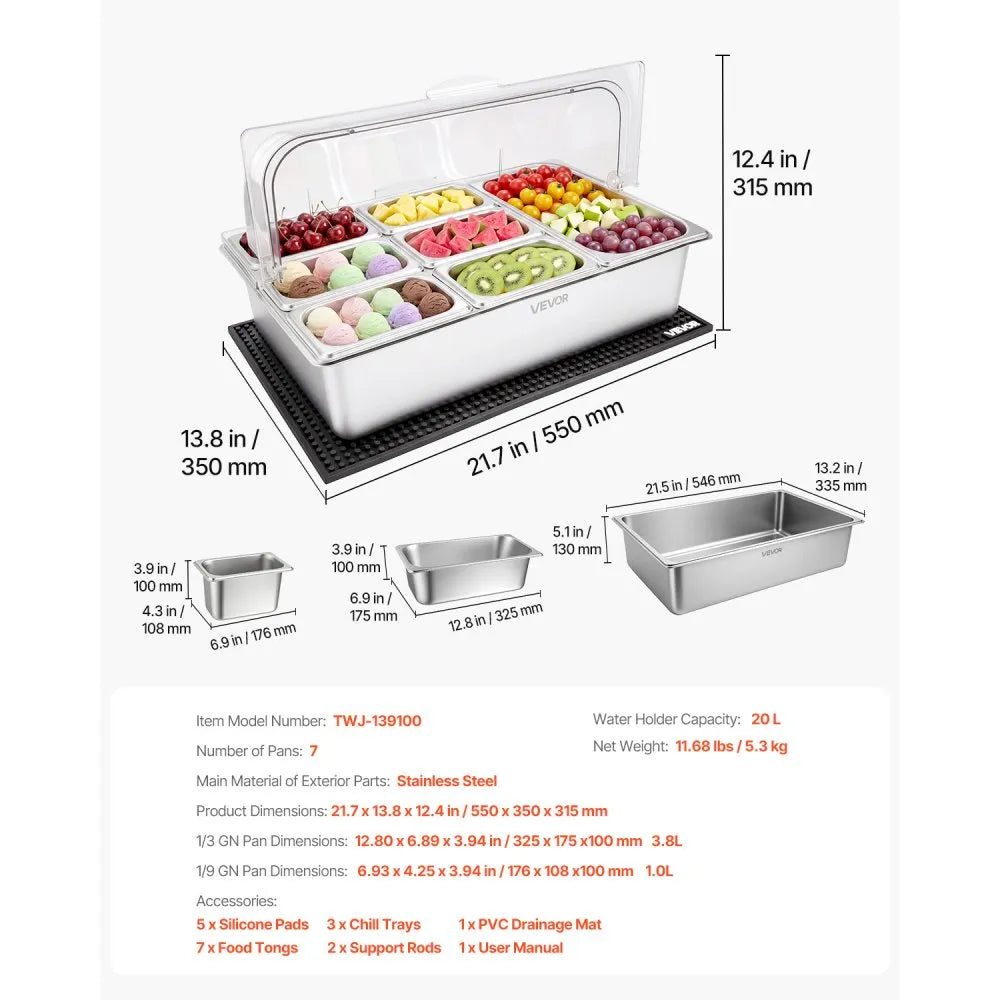 VEVOR Countertop Food Serving Display Container, Stainless Steel Food Salad Server Tray, Buffet Condiment Dispenser, Ice Cooled Rack with Clear Roll Top Cover, for Restaurant Hotel (1x1/3+6x1/9 Pan)