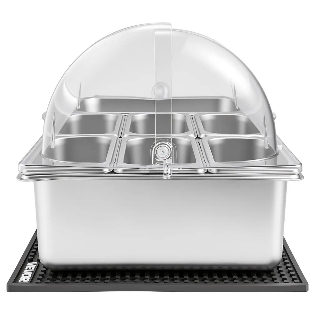 VEVOR Countertop Food Serving Display Container, Stainless Steel Food Salad Server Tray, Buffet Condiment Dispenser, Ice Cooled Rack with Clear Roll Top Cover, for Restaurant Hotel (1x1/3+6x1/9 Pan)