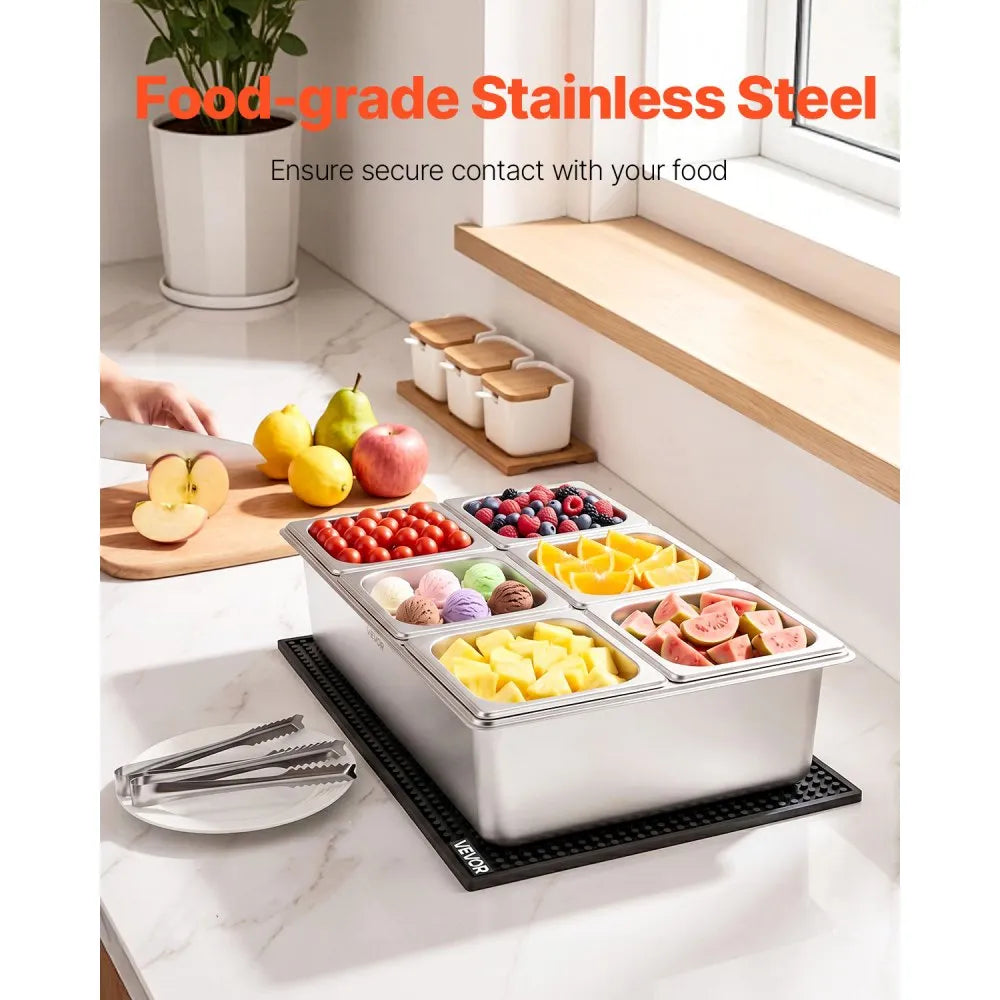 VEVOR Countertop Food Serving Display Container, Stainless Steel Food Salad Server Tray, Buffet Condiment Dispenser, Ice Cooled Rack with Separate Lid, for Restaurant, Hotel, Party (6x1/6 Pan)