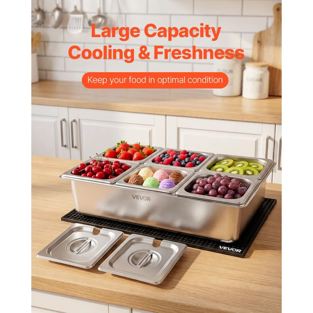 VEVOR Countertop Food Serving Display Container, Stainless Steel Food Salad Server Tray, Buffet Condiment Dispenser, Ice Cooled Rack with Separate Lid, for Restaurant, Hotel, Party (6x1/6 Pan)