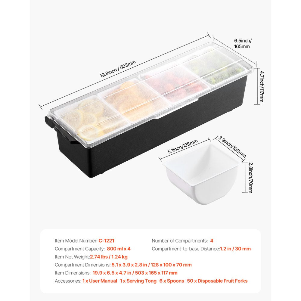 VEVOR Chilled Condiment Server, 4 Compartment Ice Cooled Condiment Serving Container, Chilled Garnish Tray Bar Caddy with Lid, for Bartending & Serving Taco, Salad, Fruit, Home & Restaurant Supplies