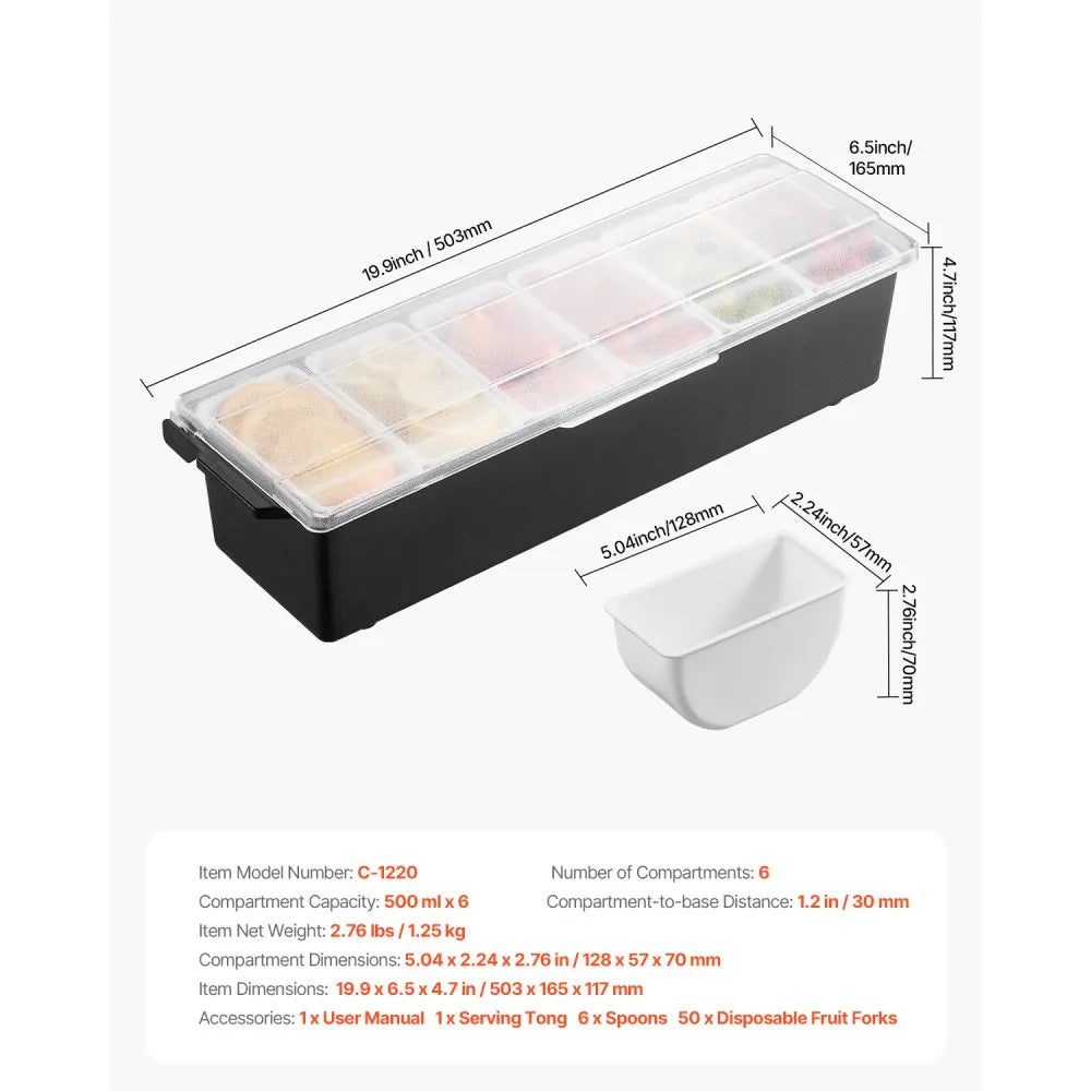 VEVOR Chilled Condiment Server, 6 Compartment Ice Cooled Condiment Serving Container, Chilled Garnish Tray Bar Caddy with Lid, for Bartending & Serving Taco, Salad, Fruit, Home & Restaurant Supplies