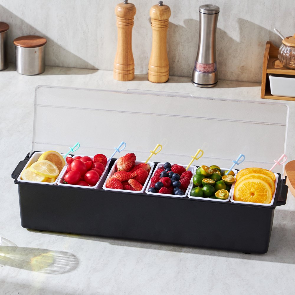VEVOR Ice Cooled Condiment Serving Container, 6 Compartments Chilled Server, Fruit Veggie Condiment Caddy, Plastic Garnish Station Lid Dispenser Tray, for Bartending & Serving Taco Restaurant Supplies