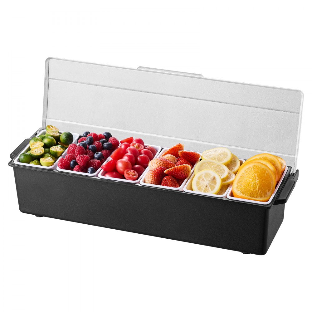 VEVOR Ice Cooled Condiment Serving Container, 6 Compartments Chilled Server, Fruit Veggie Condiment Caddy, Plastic Garnish Station Lid Dispenser Tray, for Bartending & Serving Taco Restaurant Supplies