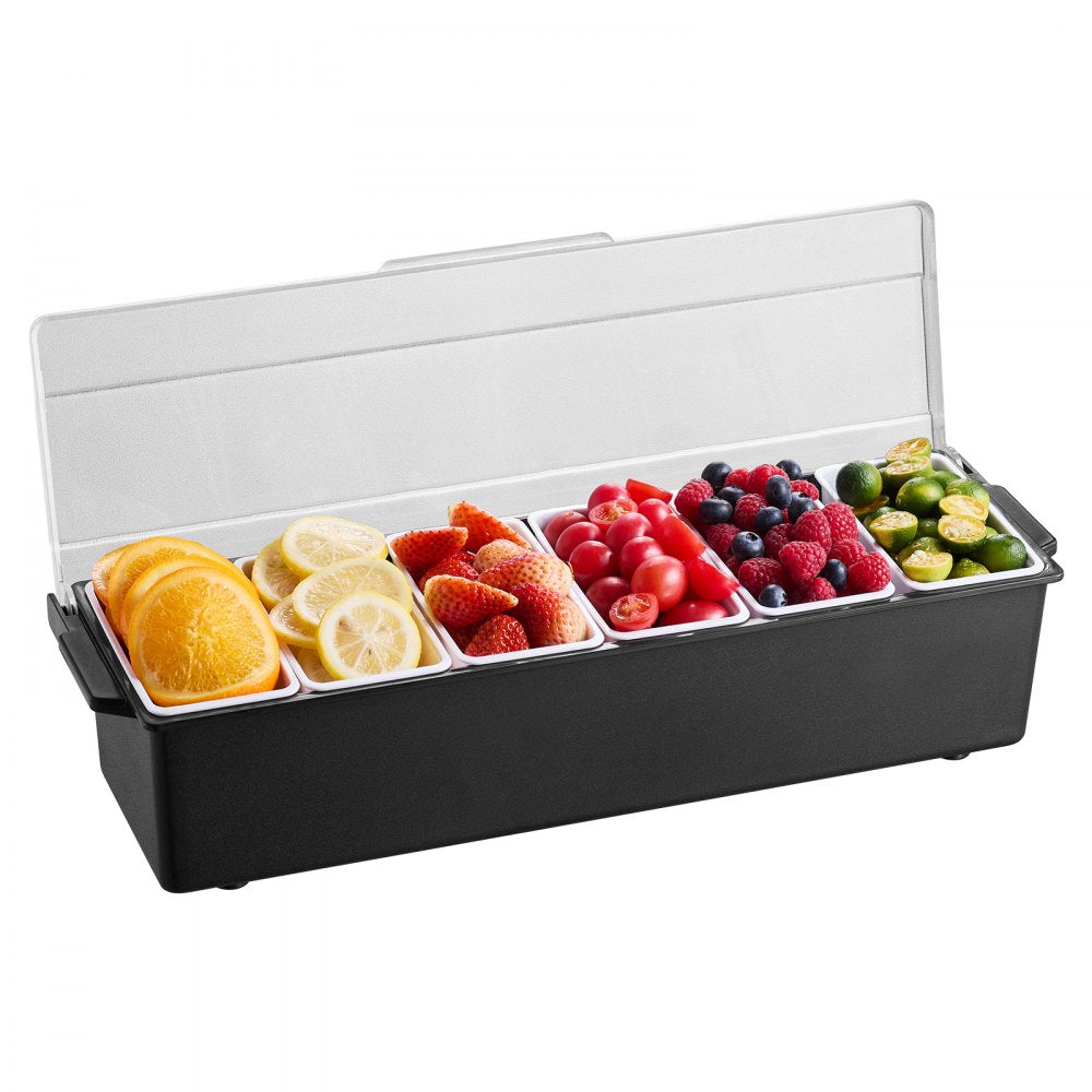 VEVOR Ice Cooled Condiment Serving Container, 6 Compartments Chilled Server, Fruit Veggie Condiment Caddy, Plastic Garnish Station Lid Dispenser Tray, for Bartending & Serving Taco Restaurant Supplies