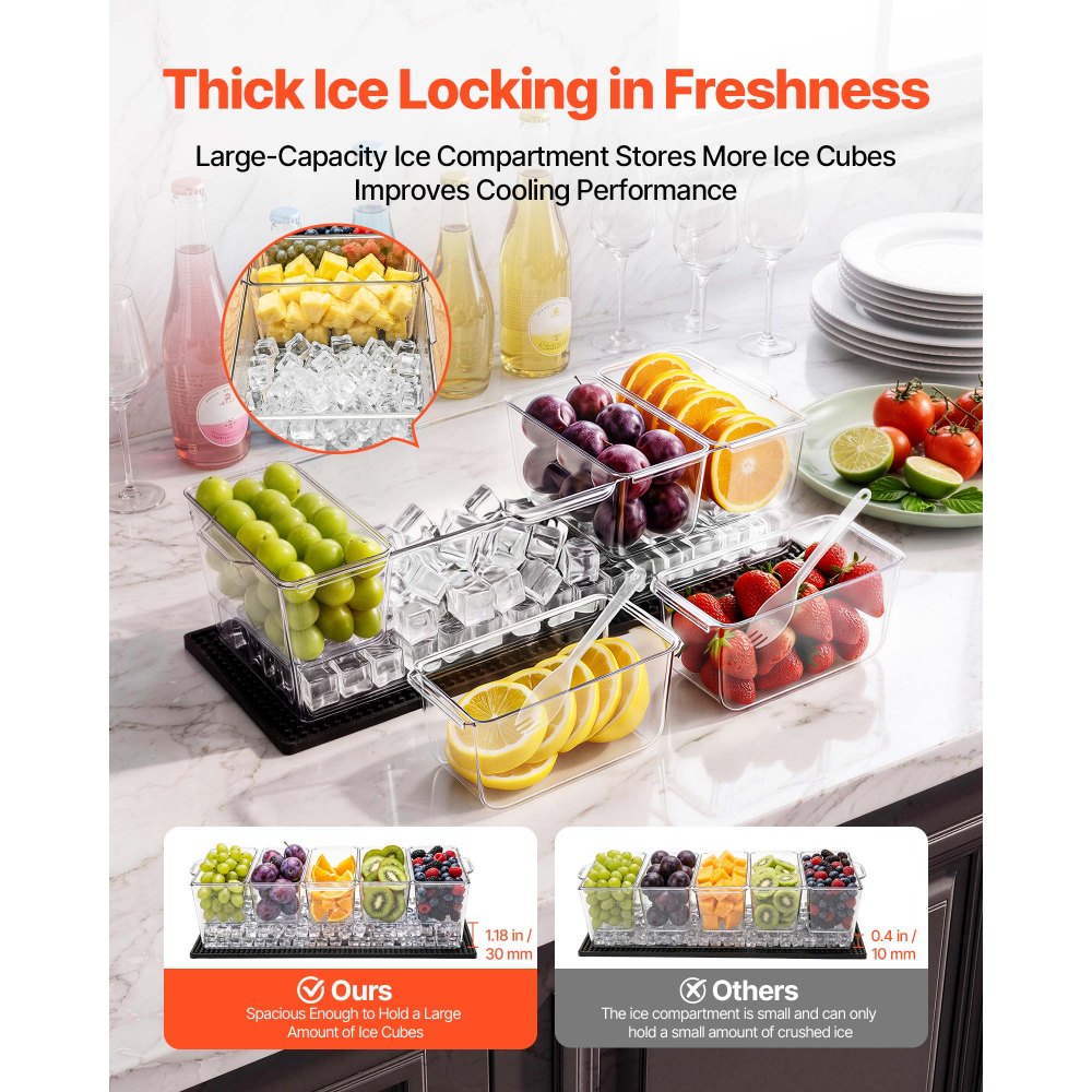 VEVOR Chilled Condiment Server Caddy, 5 Compartment Ice Cooled Serving Container, Plastic Fruit Garnish Tray Platter with Separate Lid, for Taco Salad Bar Accessories, Party Home Restaurant Supplies