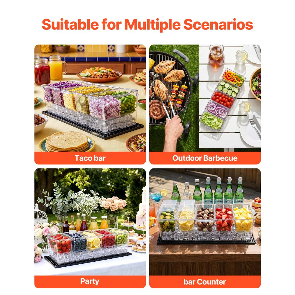 VEVOR Chilled Condiment Server Caddy, 5 Compartment Ice Cooled Serving Container, Plastic Fruit Garnish Tray Platter with Separate Lid, for Taco Salad Bar Accessories, Party Home Restaurant Supplies