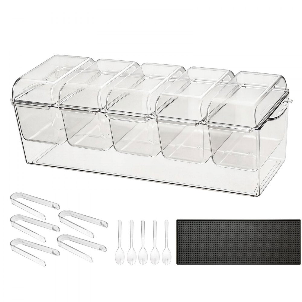 VEVOR Chilled Condiment Server Caddy, 5 Compartment Ice Cooled Serving Container, Plastic Fruit Garnish Tray Platter with Separate Lid, for Taco Salad Bar Accessories, Party Home Restaurant Supplies