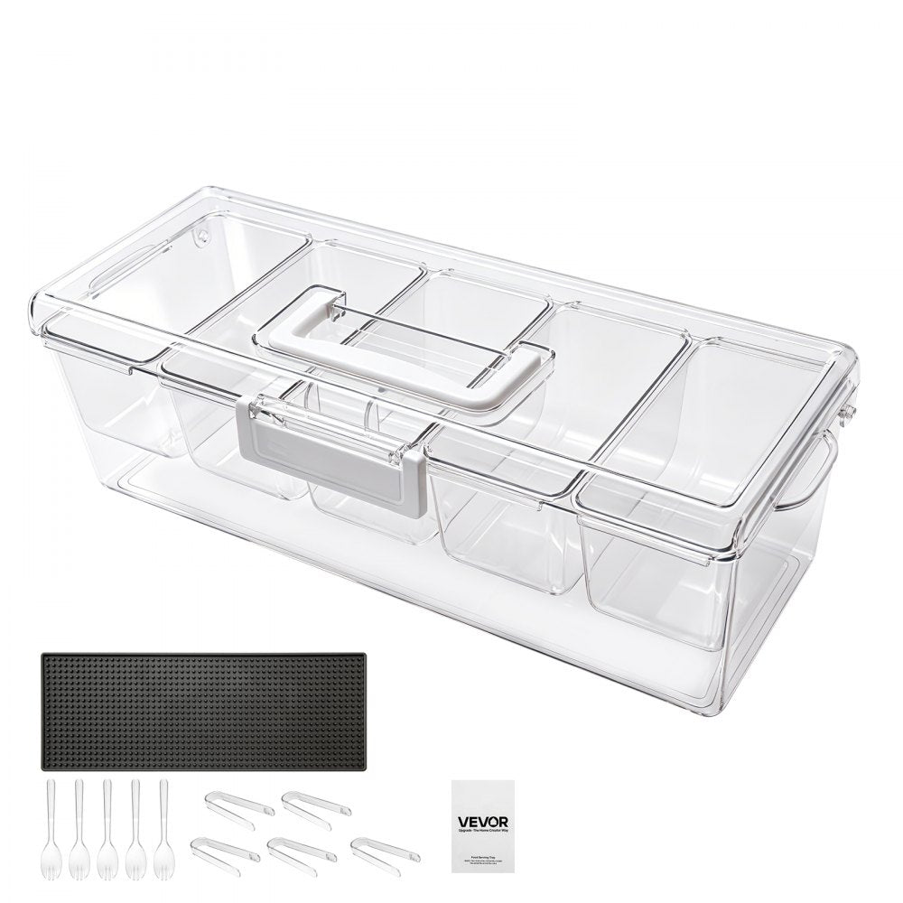 VEVOR Chilled Condiment Server Caddy, 5 Compartment Ice Cooled Serving Container, Plastic Fruit Garnish Tray Platter with Lid, for Taco Salad Bar Accessories, Party Home Restaurant Supplies