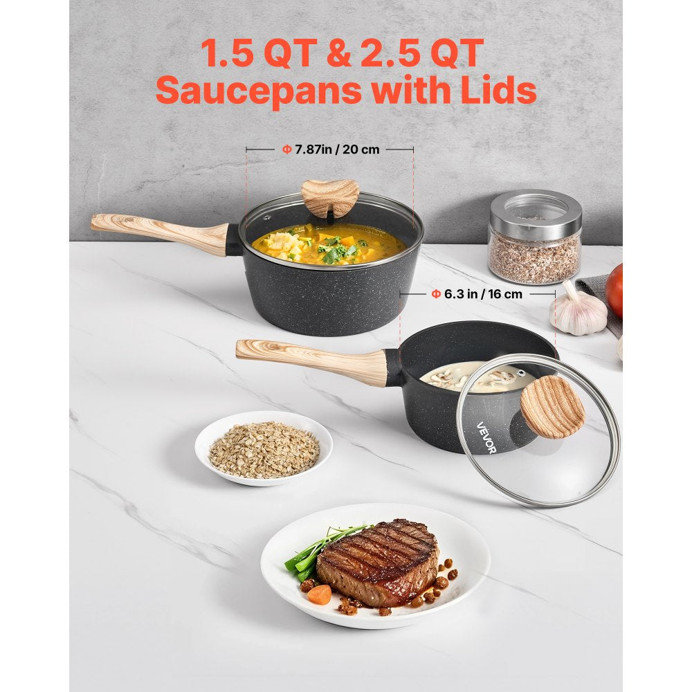 VEVOR Saucepan Set, 1.5 QT & 2.5 QT Nonstick Saucepan with Glass Lids, Multipurpose Cooking Sauce Pots with Detachable Handles, Sauce Pan Kitchen Cooking Pot with Coating, Induction Compatible, Black