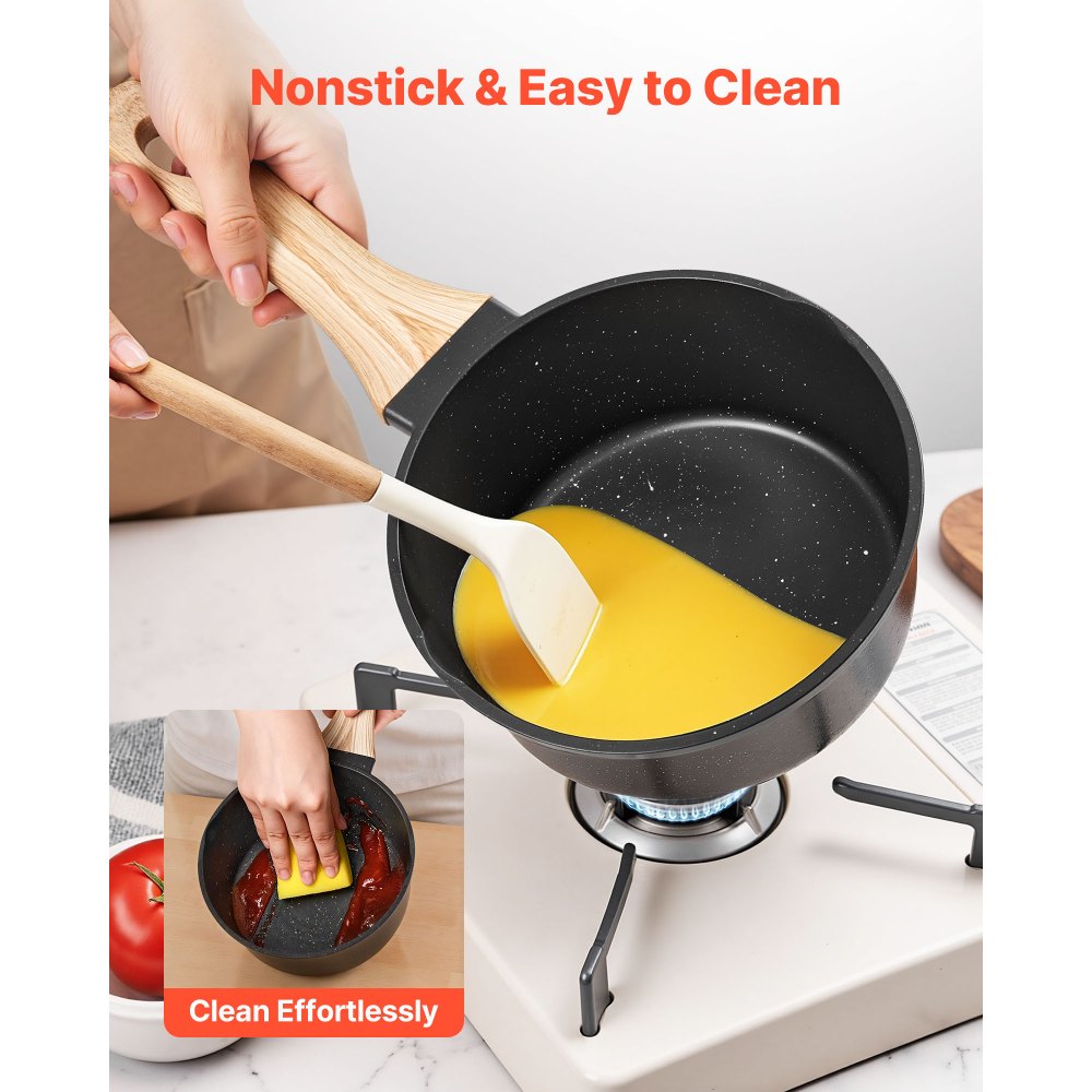 VEVOR Saucepan Set, 1.5 QT & 2.5 QT Nonstick Saucepan with Glass Lids, Multipurpose Cooking Sauce Pots with Detachable Handles, Sauce Pan Kitchen Cooking Pot with Coating, Induction Compatible, Black