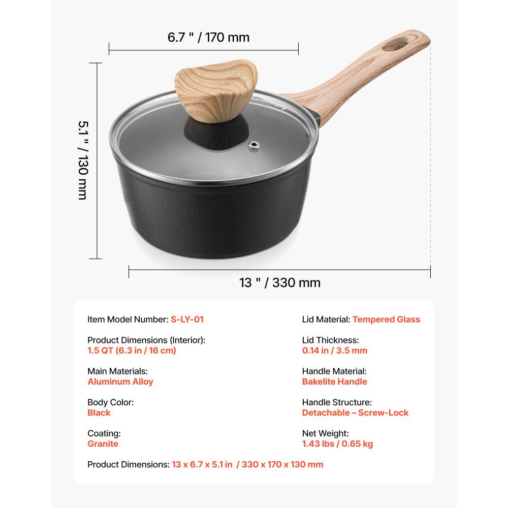 VEVOR 1.5 QT Saucepan, Nonstick Saucepan with Tempered Glass Lid, Multipurpose Cooking Sauce Pot with Detachable Handle, Sauce Pan Small Kitchen Cooking Pot with Coating, Induction Compatible, Black