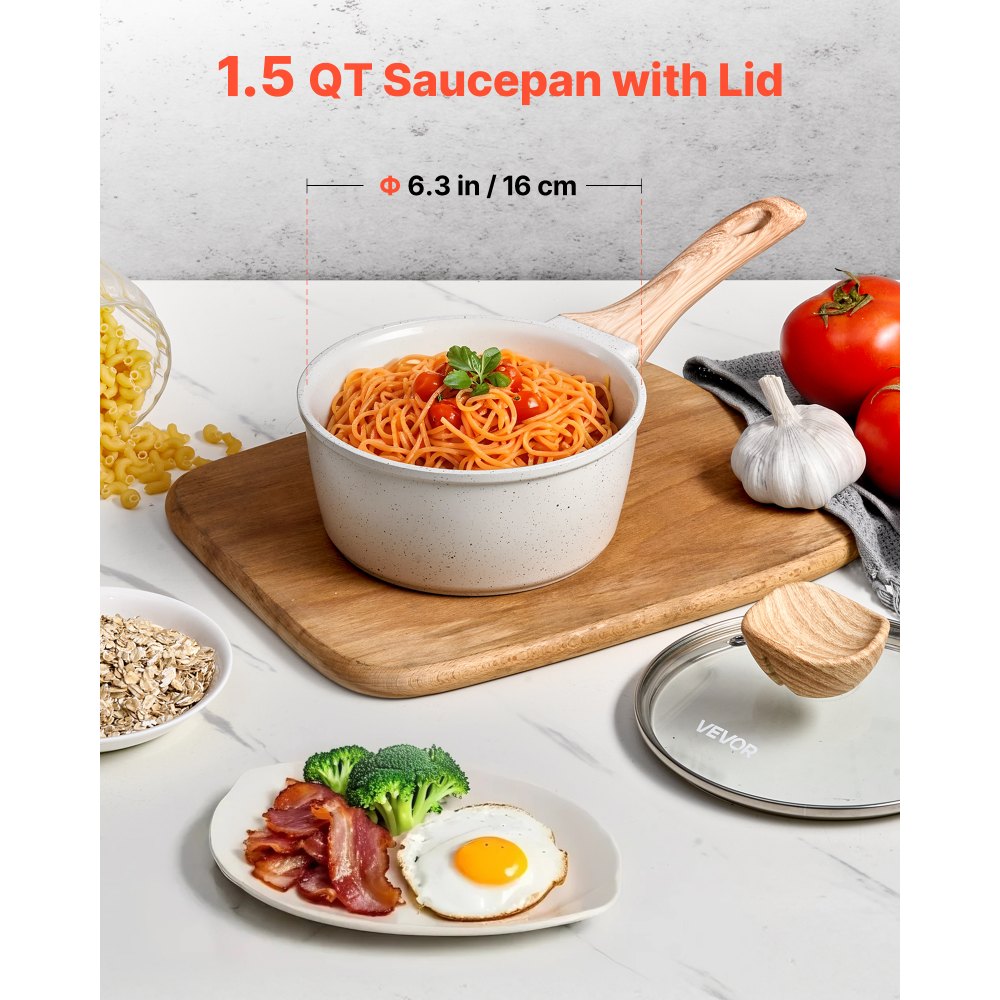 VEVOR 1.5 QT Saucepan, Nonstick Saucepan with Tempered Glass Lid, Multipurpose Cooking Sauce Pot with Detachable Handle, Sauce Pan Small Kitchen Cooking Pot with Coating, Induction Compatible, White